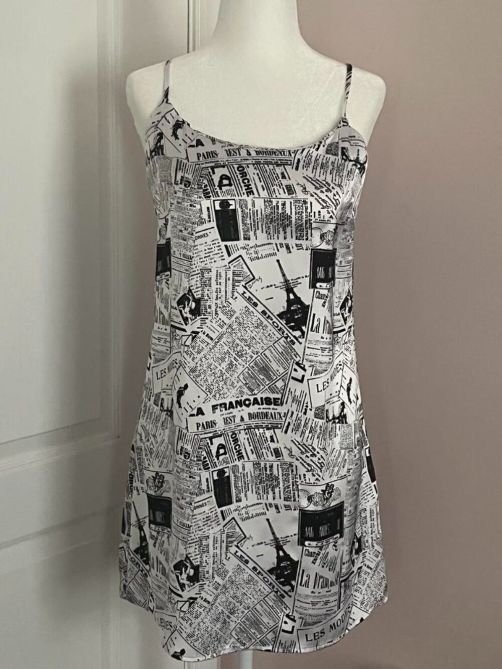 forever 21 black & white french newspaper print silk slip dress